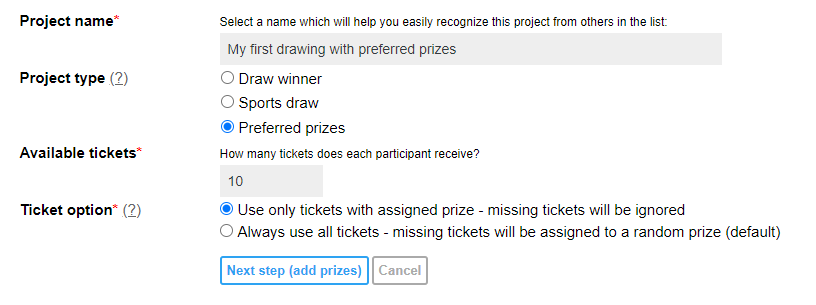 Preferred prizes - settings